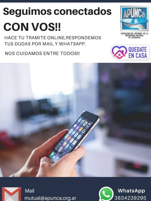 APUNCa continúa atendiendo a todos los afiliados en forma virtual. Te atendemos a través de nuestros canales de comunicación, correo electrónicos y/o WhatsApp. TE CUIDAMOS Y NOS CUIDAMOS