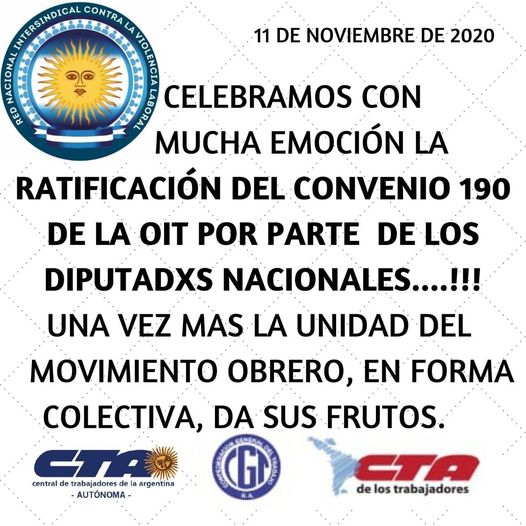 11/11/20                                   DÍA DE JUBILO POR LA APROBACIÓN DE LA LEY DE RATIFICACIÓN DEL CONVENIO 19O OIT.